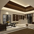 Modern Lobby Interior Design With Glass Doors Decorative Paintings Pine Tree And Stone Ornaments
