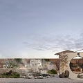 Traditional Chinese Garden Landscape With Circular Archway Stone Features Lush Green Plants And Mist