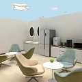 Modern Bright Cozy Lounge Space With Long Yellow Curtains Round White Tables And Potted Plants