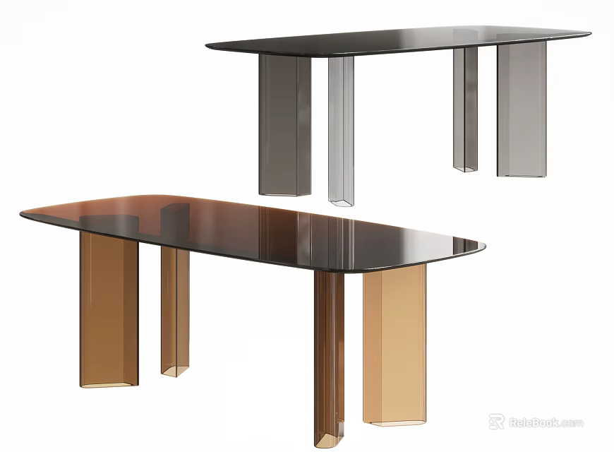 Modern Dining Table With Sleek Black Glass Top And Copper Silver Metal Legs 3d model 