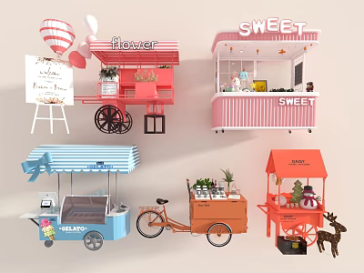 Colorful Street Vending Carts With Various Themes And Decorative Elements 3d model