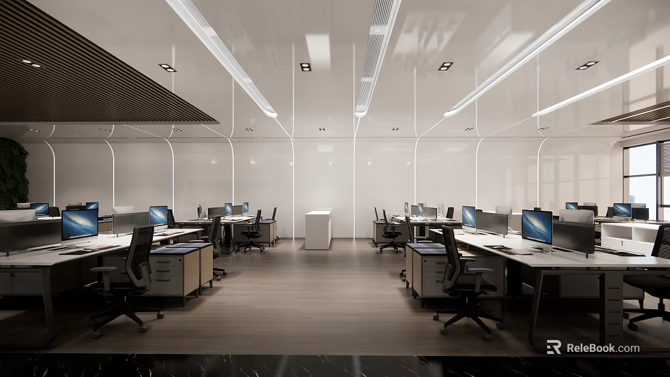 Modern Public Office Space With Open Layout Desks Computers Office Chairs And Ceiling Lights 3d model