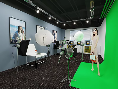 Modern Photography Studio Interior With Softboxes Tripods Green Backdrop Model And Wall 3d model