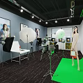 Modern Photography Studio Interior With Softboxes Tripods Green Backdrop Model And Wall 3d model