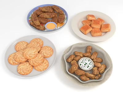 Golden Mini Rolls Butter Cookies Sausage Rolls And Potato Bites With Dips 3d model