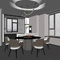 Modern Restaurant Dining Area With Round Table Gray Chairs Circular Pendant Lights And Blinds