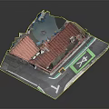 Two Story Building Model With Red Roof Brown Exterior And Street Base