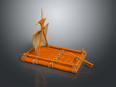 Orange Wooden Boat Model with Sail Oar and Ropes on Gray Background 3d model