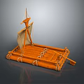 Orange Wooden Boat Model with Sail Oar and Ropes on Gray Background