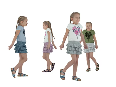 Group of Young Girls Wearing Various Colored T Shirts Ruffled Skirts and Sandals 3d model