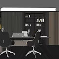 Modern Office Interior Design With Dark Wooden Walls Marble Accents Bookshelves And Office Desk Chairs