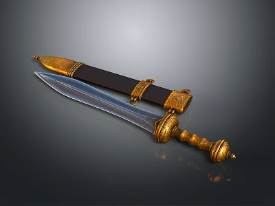 Ornate Decorative Sword With Golden Accents Black Scabbard And Blue Glow 3d model