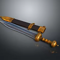 Ornate Decorative Sword With Golden Accents Black Scabbard And Blue Glow
