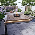 Modern Courtyard Garden Design With Fire Pit Wooden Deck Stone Pavers And Deer Sculpture