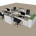Modern Office Workstation Setup With Computers Monitors Office Chairs Green Plants And Drawers