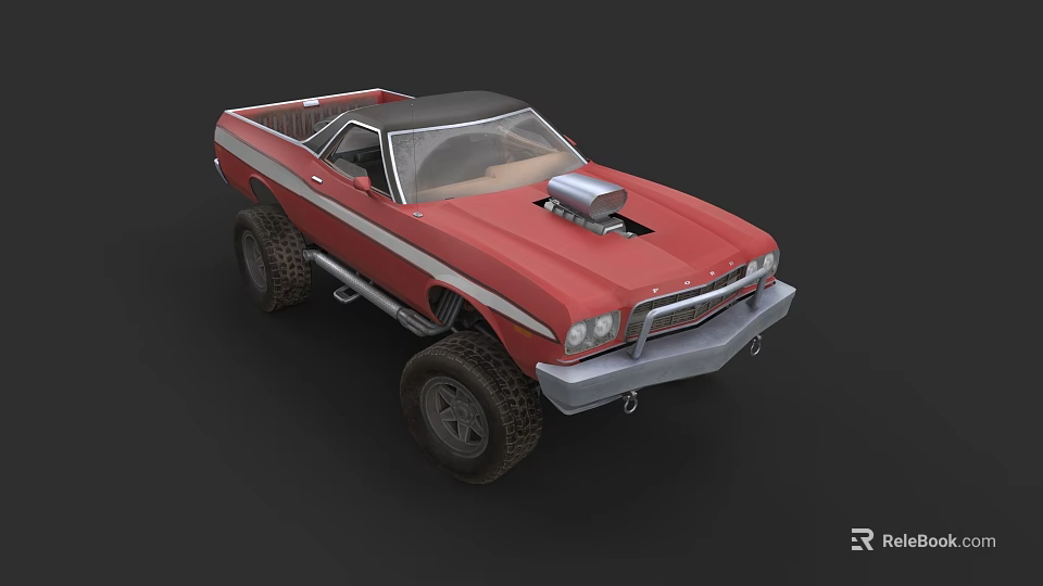Red Modified Pickup Truck with Black Roof Supercharger on Hood and Large Off-Road Tires 3d model 