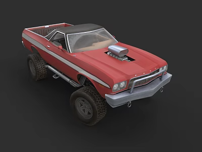 Red Modified Pickup Truck with Black Roof Supercharger on Hood and Large Off-Road Tires 3d model