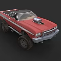 Red Modified Pickup Truck with Black Roof Supercharger on Hood and Large Off-Road Tires