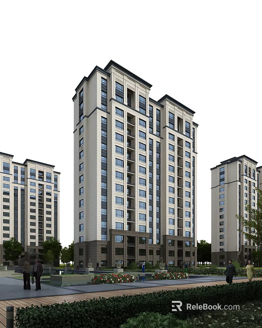 Modern High Rise Residential Building Exterior With Light And Dark Facade And Green Trees 3d model 