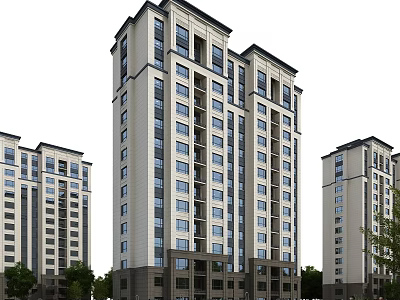Modern High Rise Residential Building Exterior With Light And Dark Facade And Green Trees 3d model