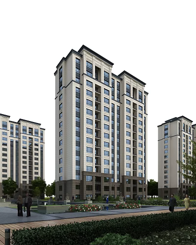 Modern High Rise Residential Building Exterior With Light And Dark Facade And Green Trees 3d model