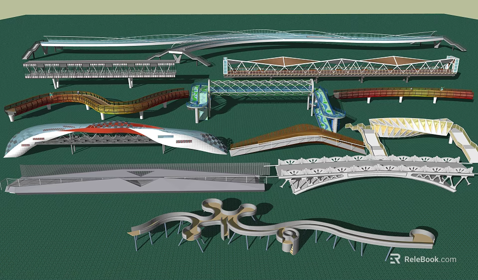 Modern Innovative Landscape Bridges Featuring Unique Curved Steel Artistic Structures 3d model