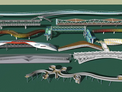 Modern Innovative Landscape Bridges Featuring Unique Curved Steel Artistic Structures 3d model