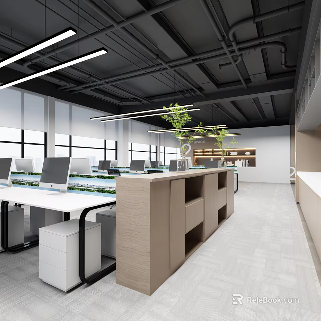 Bright Modern Public Office Interior With Open Layout White Desks Computers And Greenery 3d model