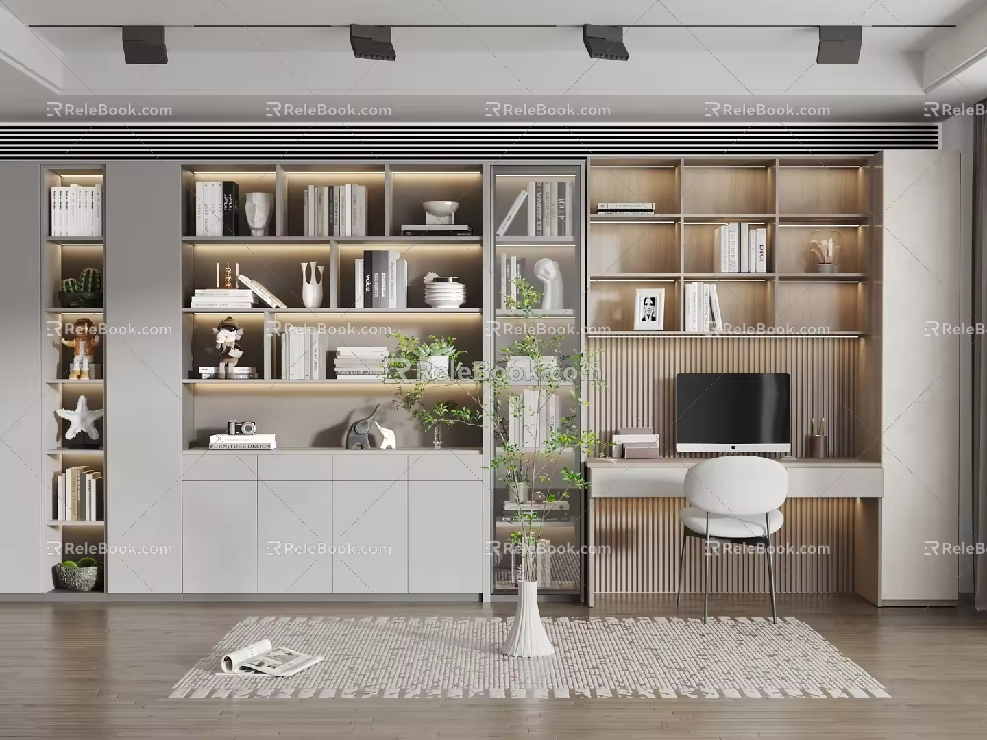 Study Bookcase Computer Desk Decorative Cabinet Plant Computer Chair Decorations 3d model