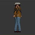 Man Wearing White Hat Brown Fringe Jacket Black T-shirt And Blue Jeans Front Back View