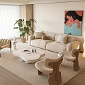 Modern Beige Sofa Coffee Table Combination With Green Plant Painting Chairs And Floor Lamp