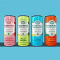 Botanical Brewing Co Colorful Canned Drinks With Various Flavors On Light Blue Background