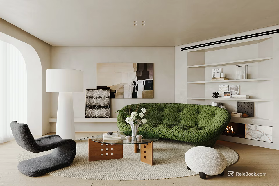 Modern Living Room Interior With Green Sofa Bookshelf Floor Lamp Coffee Table And Rug 3d model 