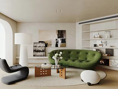 Modern Living Room Interior With Green Sofa Bookshelf Floor Lamp Coffee Table And Rug 3d model