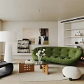 Modern Living Room Interior With Green Sofa Bookshelf Floor Lamp Coffee Table And Rug