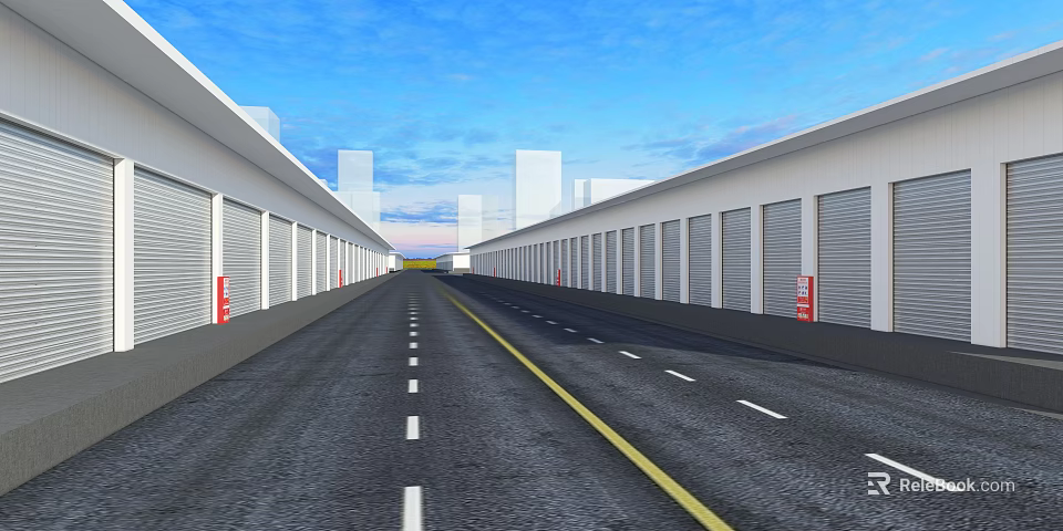 Wide Urban Road With Roller Shutter Buildings And High Rise Skyline 3d model 