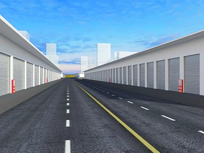 Wide Urban Road With Roller Shutter Buildings And High Rise Skyline 3d model