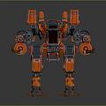 Orange Armored Battle Mech Warrior With Mechanical Arms And Twin Cannons