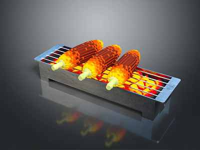 Stainless Steel Corn Roasting Grill With Flaming Cobs On Metal Grate 3d model