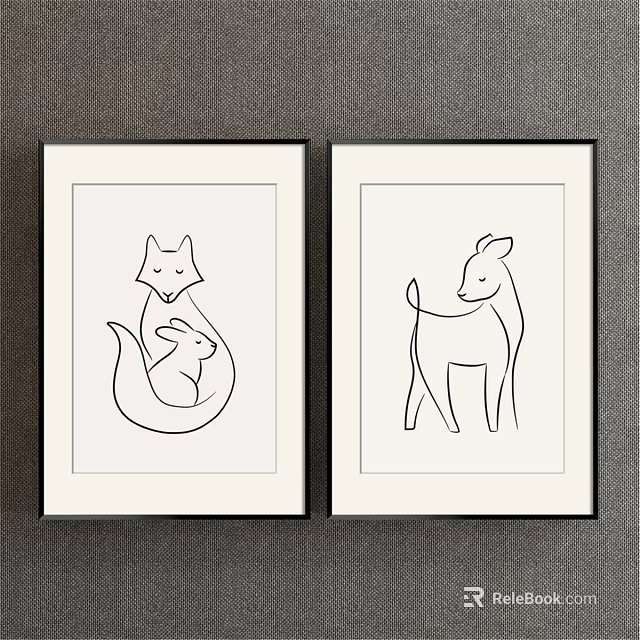 Framed Animal Line Art Prints Featuring Fox Rabbit And Deer Minimalist Drawings 3d model 