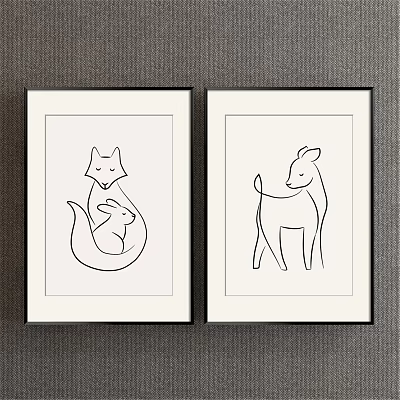 Framed Animal Line Art Prints Featuring Fox Rabbit And Deer Minimalist Drawings 3d model