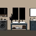 Modern Bathroom Vanity Combination With Double Sinks Mirrors Washing Machine And Storage Baskets 3d model