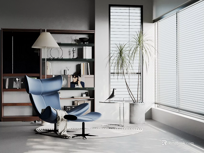 Blue Leather Accent Chair In Modern Living Room With Bookshelf Green Plant And Window 3d model 