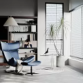 Blue Leather Accent Chair In Modern Living Room With Bookshelf Green Plant And Window