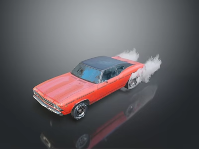 Red Classic Muscle Car With Black Roof And Smoke From Rear Wheels 3d model