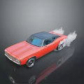 Red Classic Muscle Car With Black Roof And Smoke From Rear Wheels