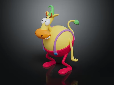 Cartoon Cow Character With Yellow Body Green Horns And Pink Overalls On Black Background 3d model