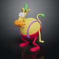 Cartoon Cow Character With Yellow Body Green Horns And Pink Overalls On Black Background