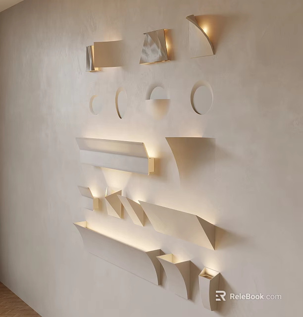 Modern Wall Lamps With Various Geometric Shapes Mounted On Beige Wall For Illumination 3d model 