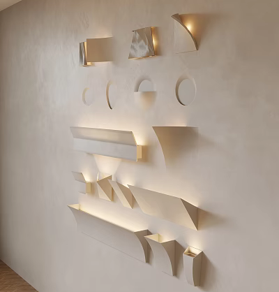 Modern Wall Lamps With Various Geometric Shapes Mounted On Beige Wall For Illumination 3d model
